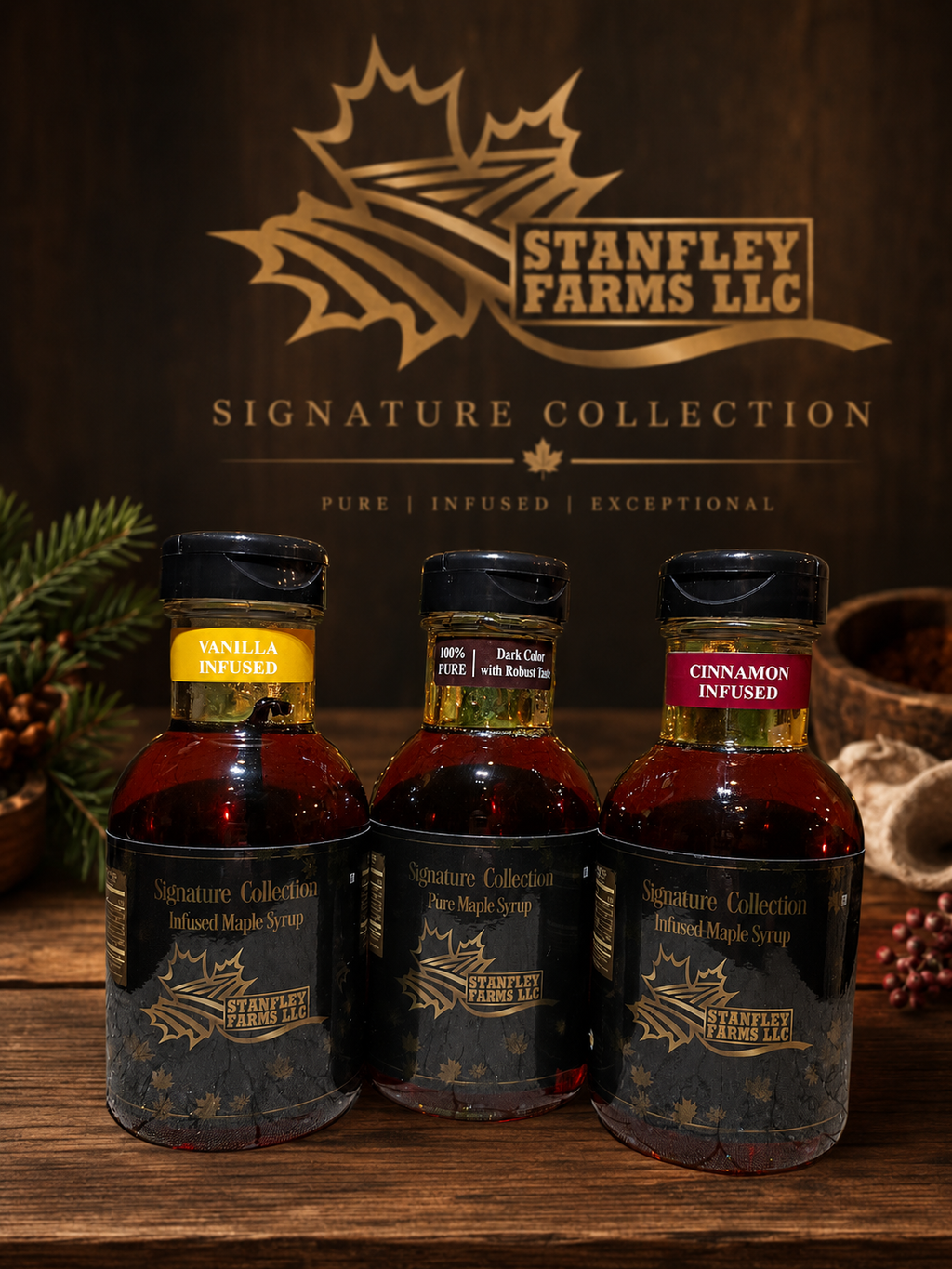 Half-Pint Maple Syrup Gift Set ~ Pure, Cinnamon & Vanilla Infused (8 oz each)