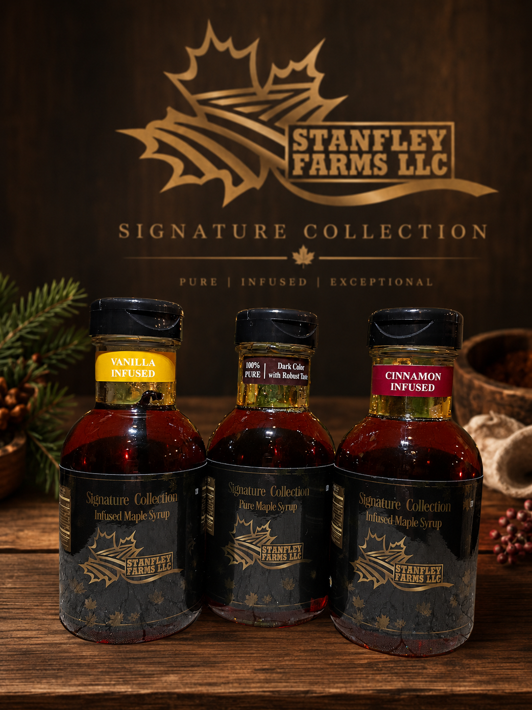 Half-Pint Maple Syrup Gift Set ~ Pure, Cinnamon & Vanilla Infused (8 oz each)